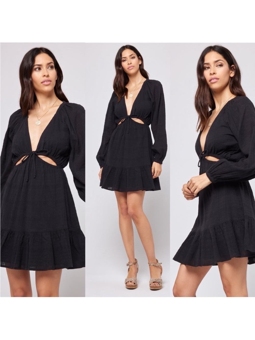 L Space Mini Dress Size Small Black Feelin Fine Gauge Tier Peasant Sleeve Soft